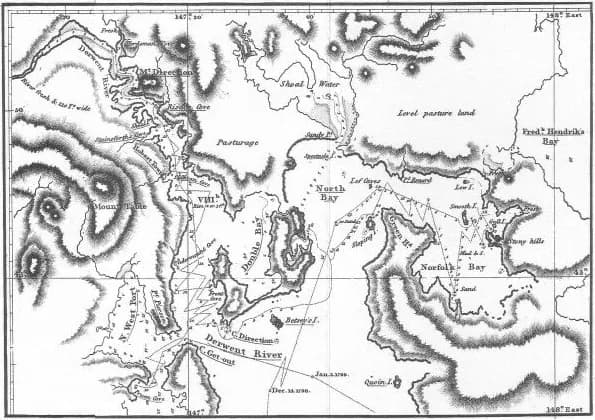 Historic map of southern Tasmanian bays and channels