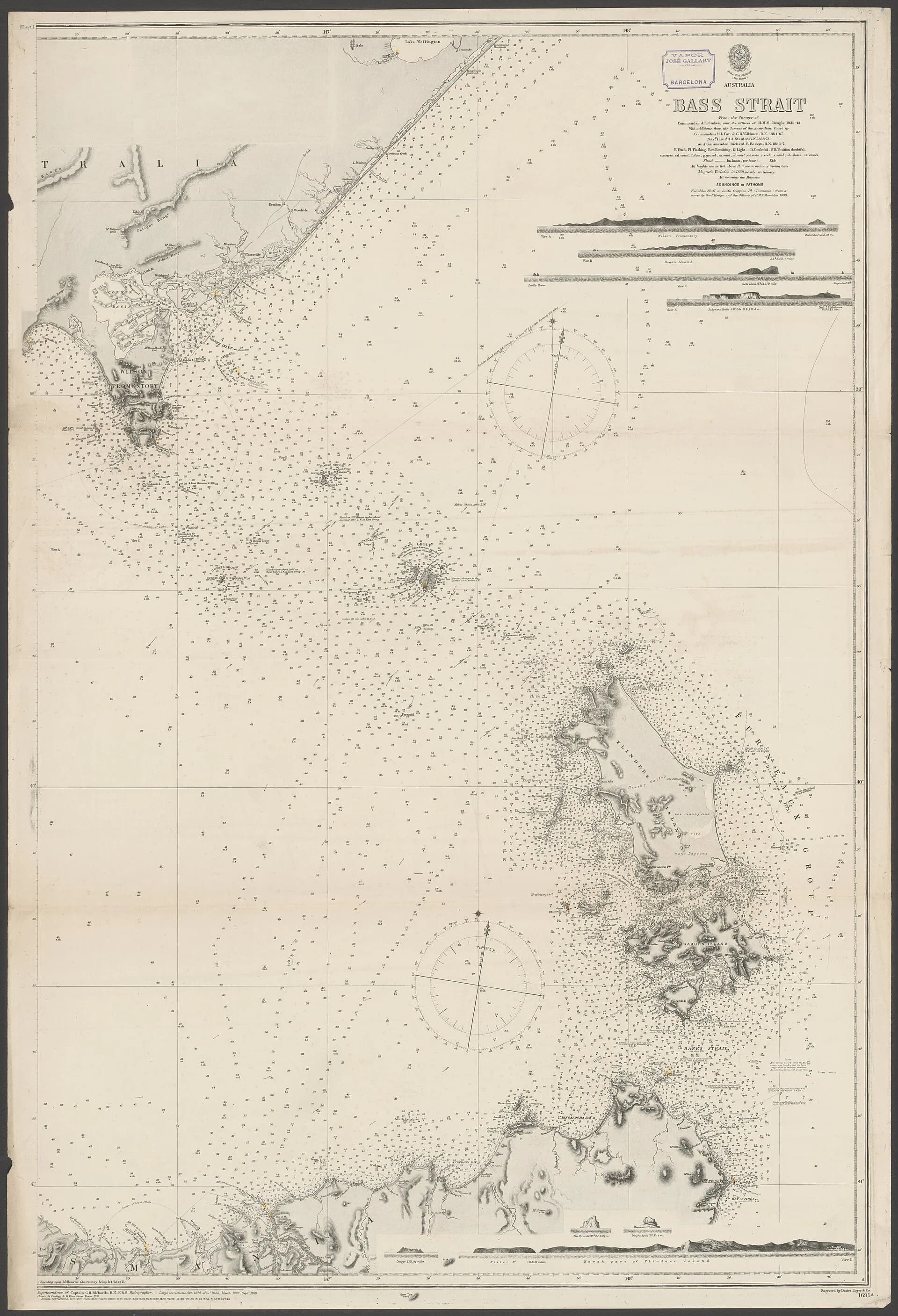 Nineteenth-century nautical chart of Bass Strait and Tasmania’s northern approaches