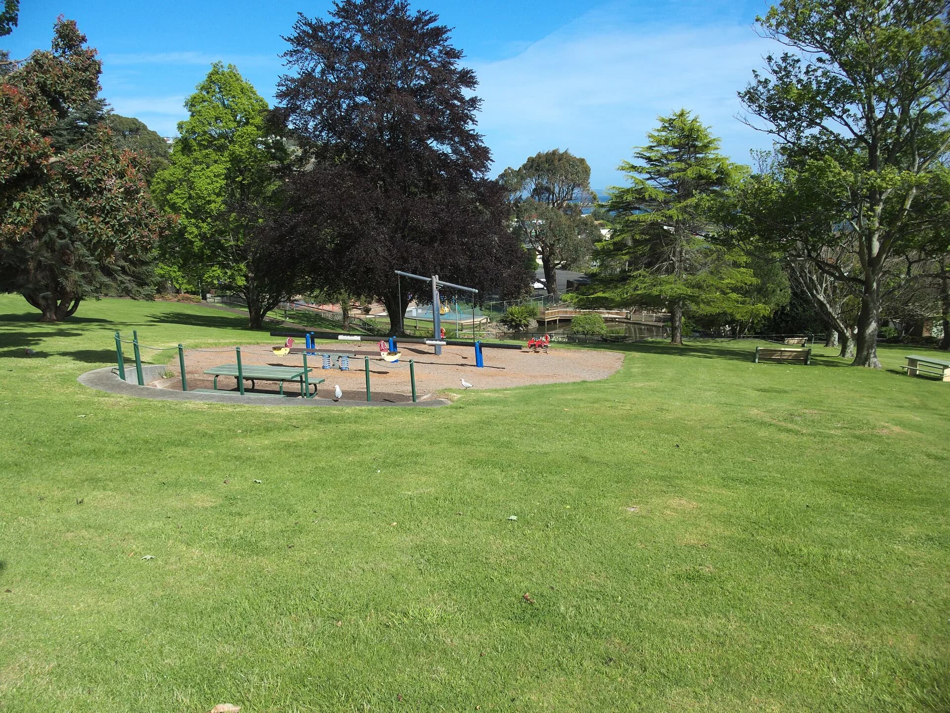 Open lawns and mature trees in Burnie Park