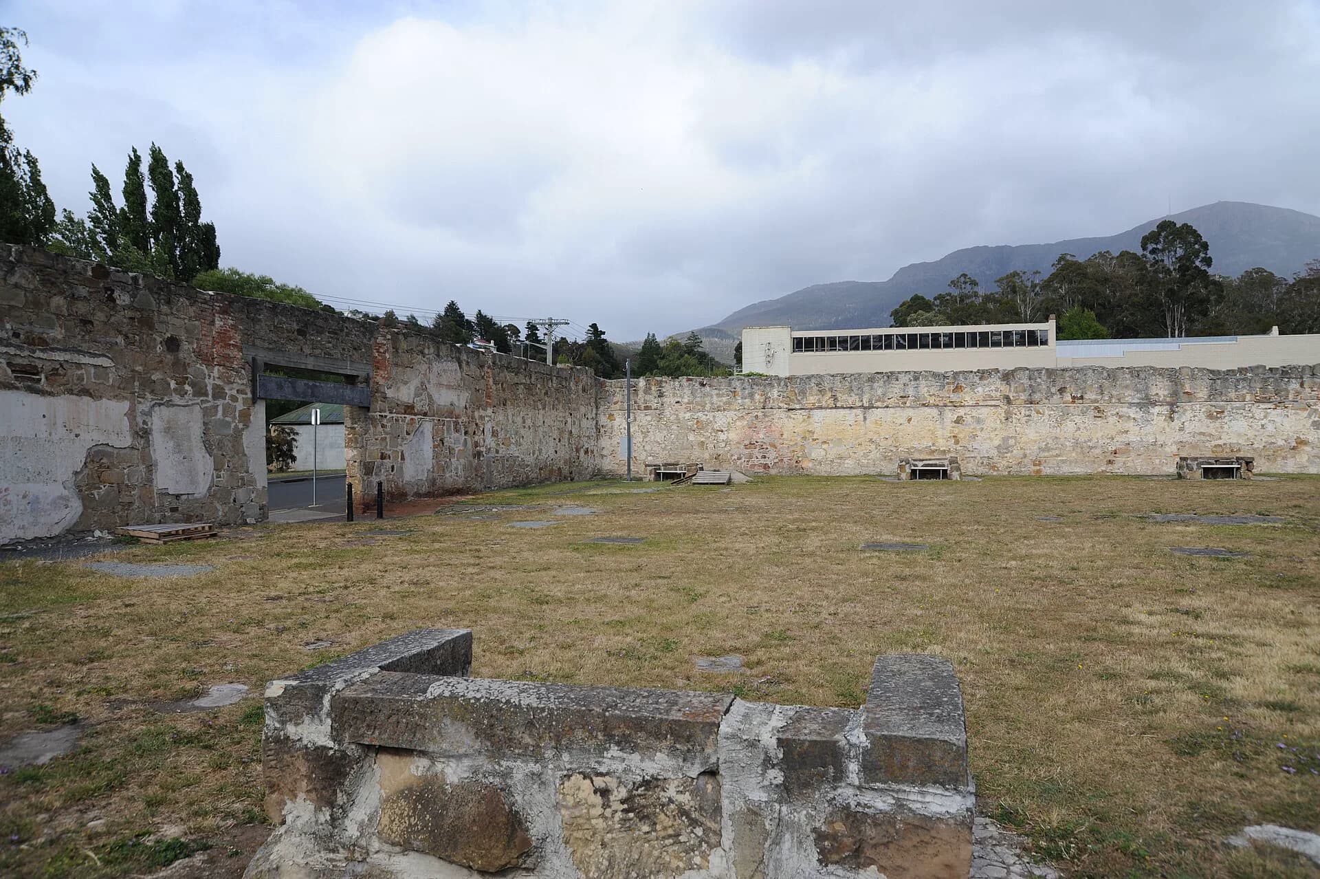 Stone walls and open yard at the Cascades Female Factory in South Hobart