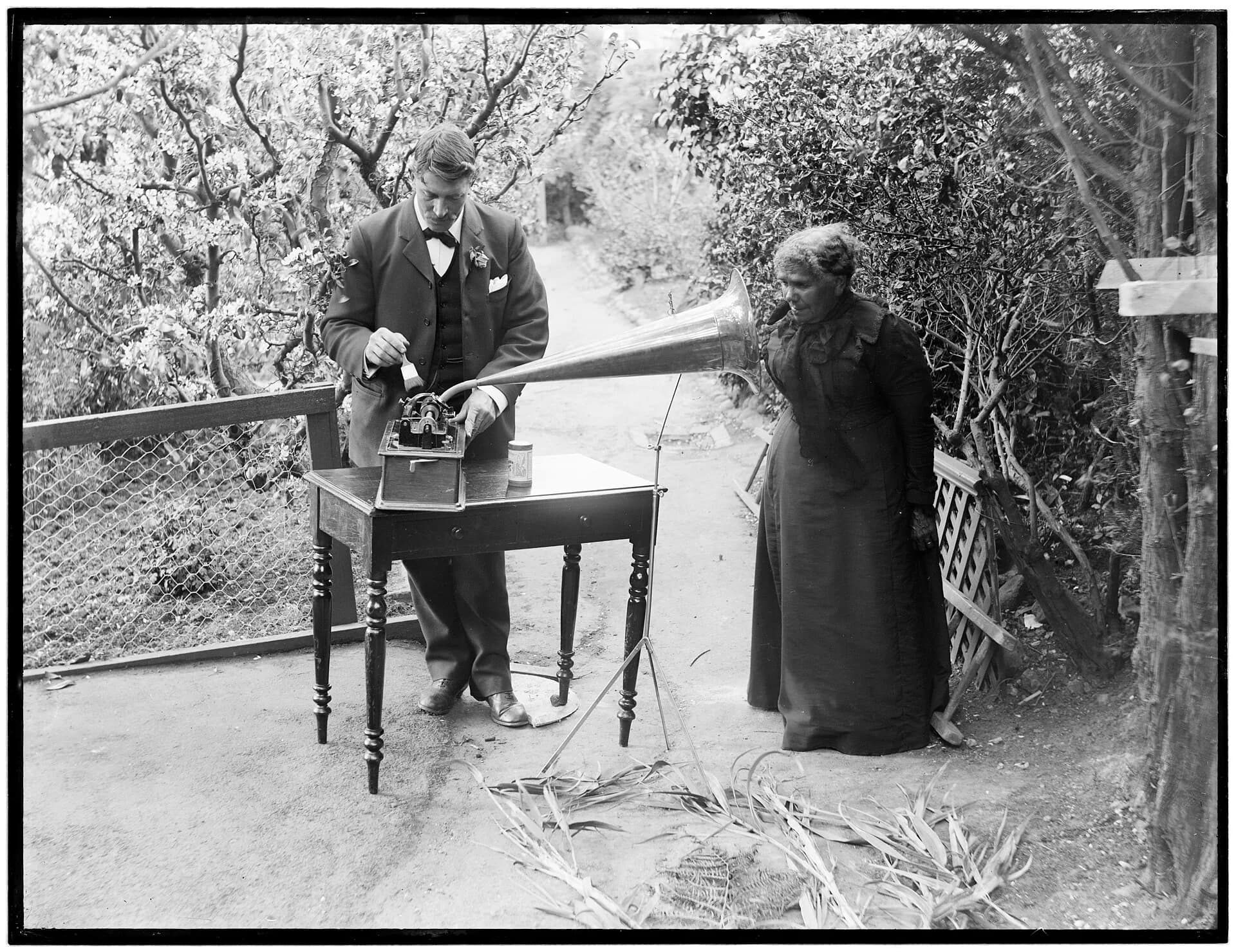 Fanny Cochrane Smith recording songs on a wax cylinder