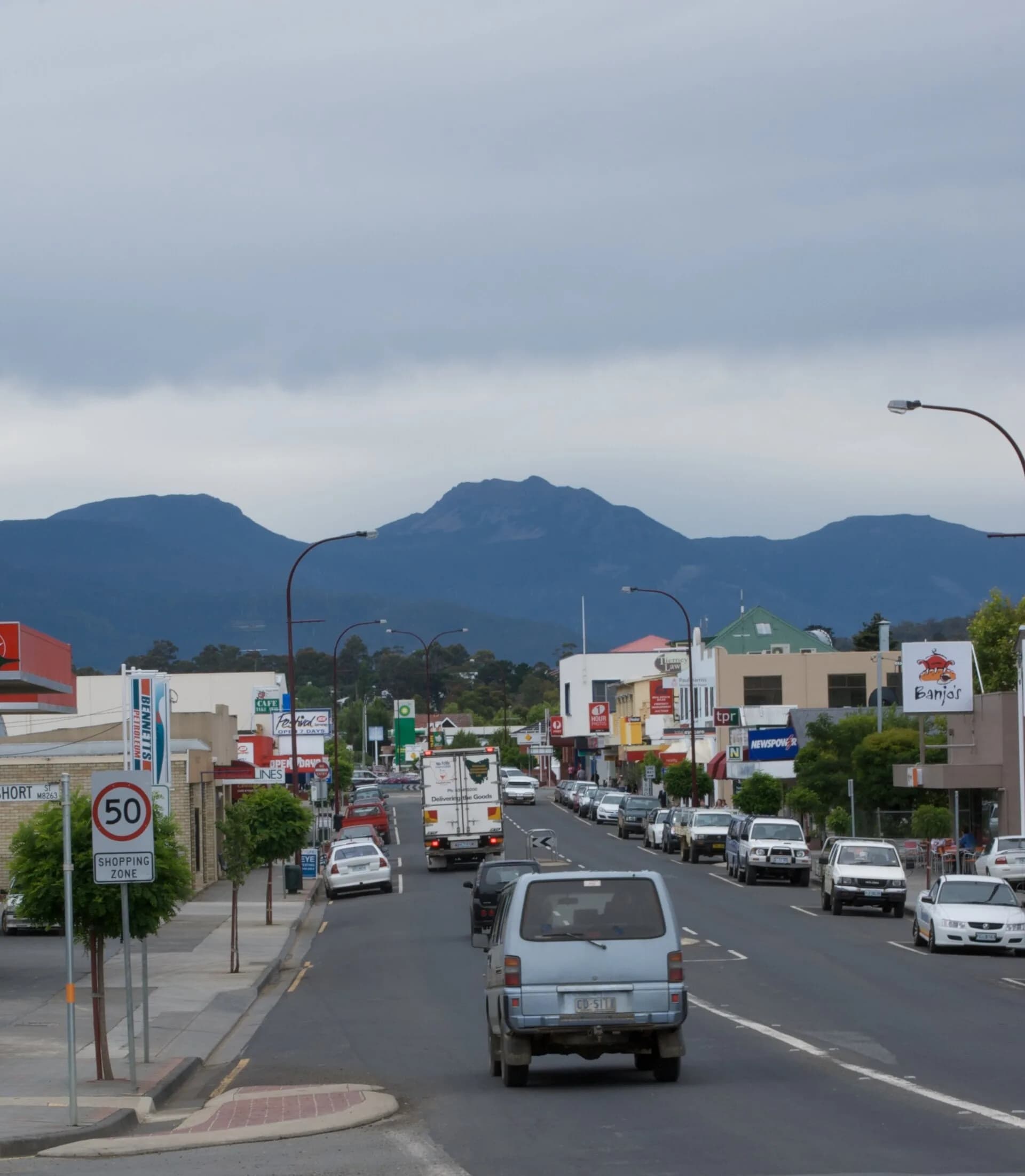 Shops and traffic along Huonville’s main street