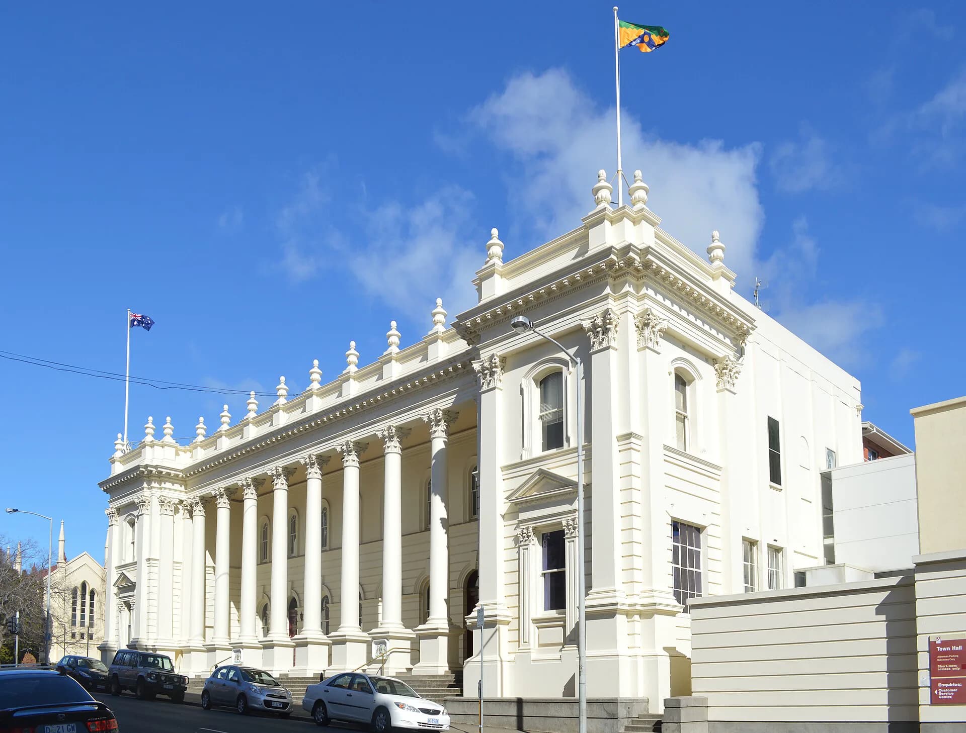 Launceston Town Hall and its columned nineteenth-century facade