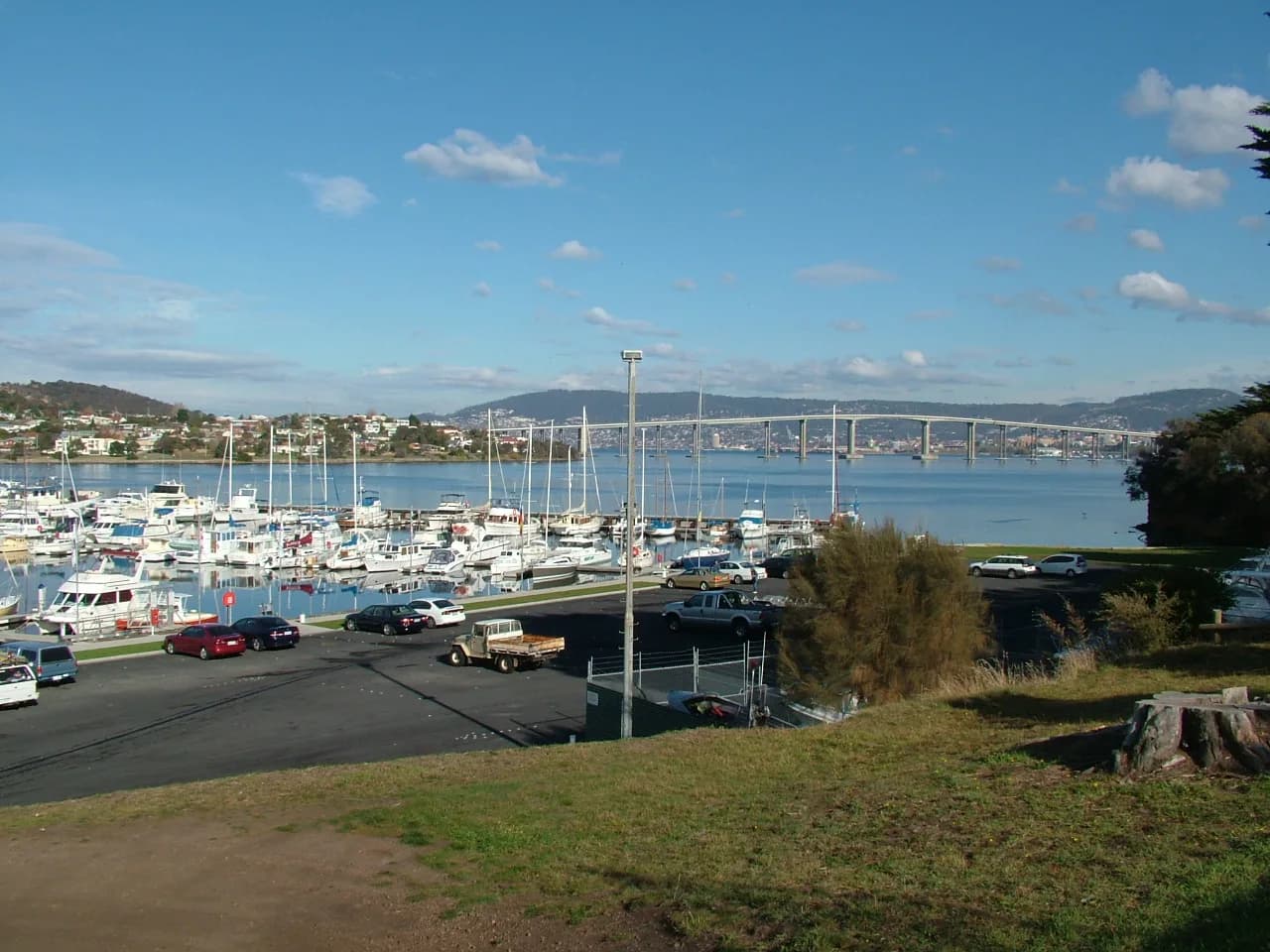 Eastern-shore bay and settled hills beside the Derwent