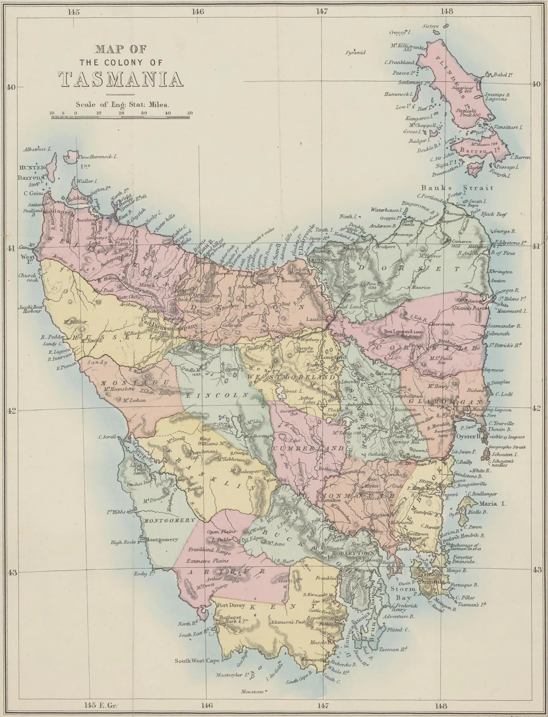 Nineteenth-century administrative map of Tasmania