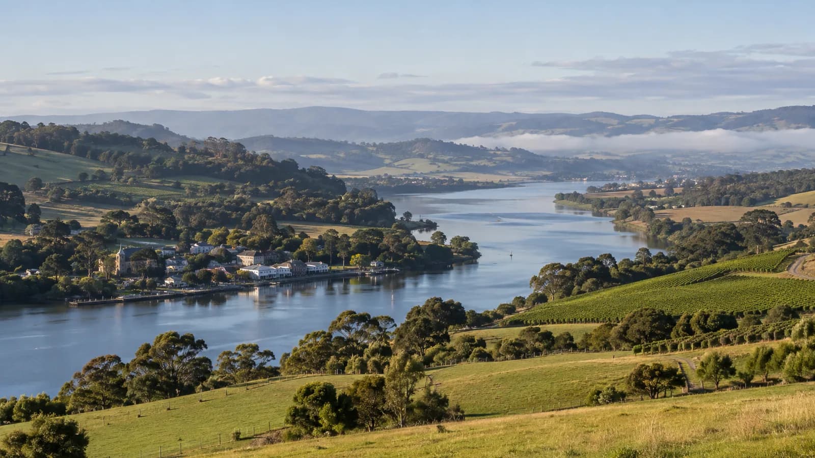 The Tamar Valley river landscape in northern Tasmania