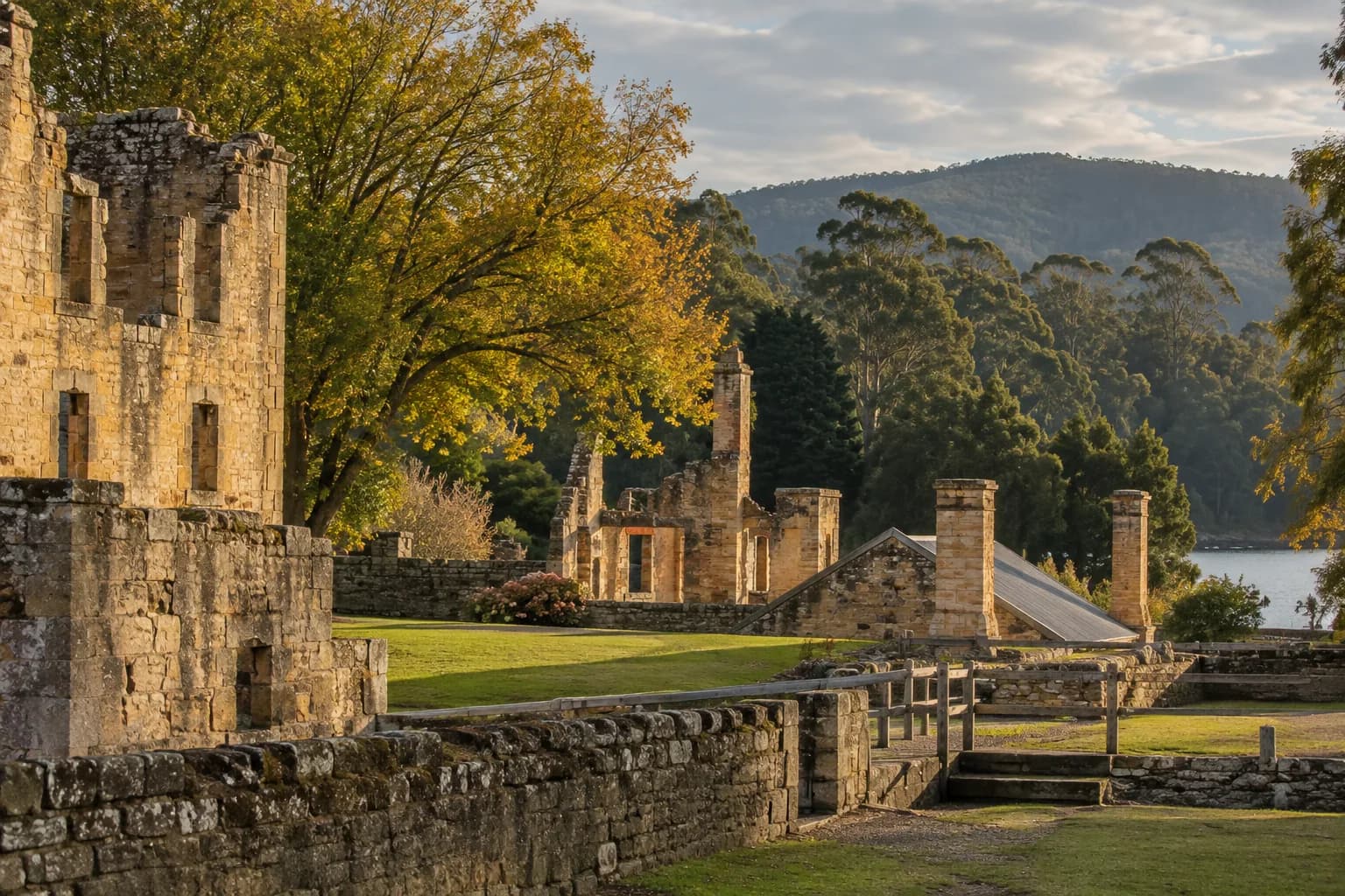 Historic sandstone ruins among trees in Tasmania